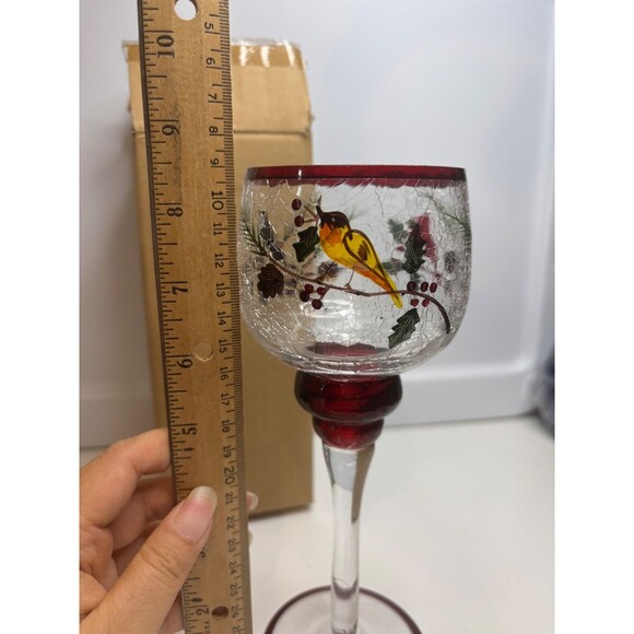 NEW Yankee Candle Crackled Glass Votive STEM Candleholder WINTER Birds 8.5”H - Picture 7 of 8